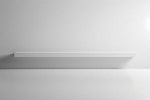 Minimalist white shelf against a smooth white wall, creating a clean and modern aesthetic. photo
