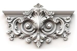Intricate white plaster wall ornament showcasing baroque design, enhancing elegance and sophistication. photo