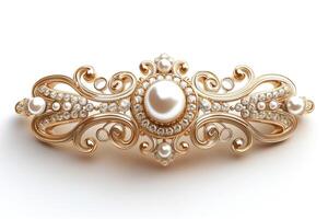 Elegant gold brooch adorned with intricate swirls and a central pearl, showcasing luxury and craftsmanship. photo