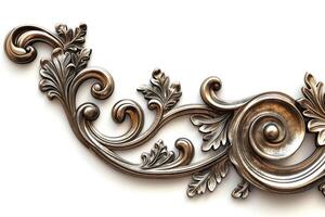 An intricate metallic decorative flourish featuring swirls and foliage. photo