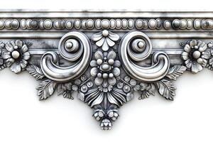 Ornate white decorative relief featuring floral motifs and intricate scrollwork. photo