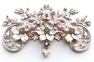 Elegant floral embossed relief featuring intricate petals and soft pink accents against a white background. photo