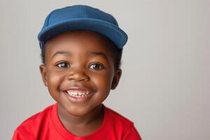 Cheerful young Black boy in a blue cap and red shirt, smiling brightly against a light background. photo