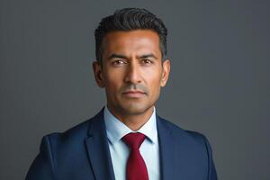 Confident South Asian man in formal attire, showcasing professionalism and a serious demeanor against a neutral background. photo