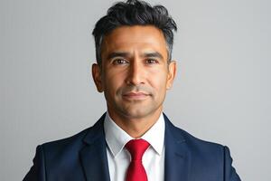 Confident South Asian businessman in a suit with a red tie, exuding professionalism and determination. photo