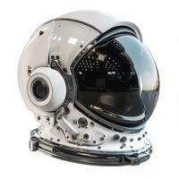 A sleek and futuristic white astronaut helmet showcasing advanced technology and design. photo