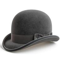 Classic gray bowler hat resting elegantly on a surface, showcasing its iconic rounded shape and sleek satin ribbon. photo