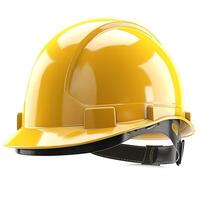 A bright yellow construction helmet designed for safety, showcasing a sleek design and sturdy construction. photo