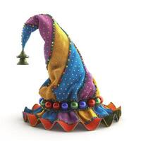 Colorful jester hat with playful patterns and decorative bells, perfect for festive occasions. photo
