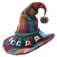 A colorful knit jester hat adorned with shiny bells, perfect for festive occasions. photo
