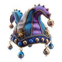 Colorful jester hat with ornate patterns and decorative beads, perfect for festive occasions. photo