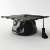 A classic black graduation cap featuring a smooth leather texture while resting on a light background. photo