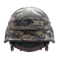 Military-style helmet with a camouflage pattern, showcasing a rugged and tactical design, perfect for outdoor activities. photo