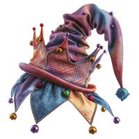 A vibrant, colorful jester hat adorned with bells and playful patterns, showcasing a whimsical design. photo