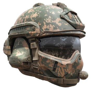 A detailed close-up of a modern military combat helmet, showcasing its camouflage pattern and advanced features. photo