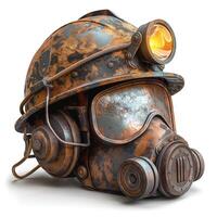 A weathered, vintage mining helmet with a headlamp, showcasing intricate textures and rust, evoking a sense of history and adventure. photo