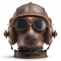 A vintage leather aviator helmet with goggles, featuring intricate stitching and a retro design. photo