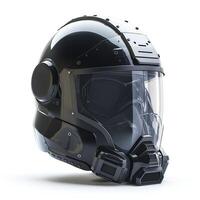 A sleek black futuristic helmet featuring advanced technology and a transparent visor, perfect for high-intensity activities. photo