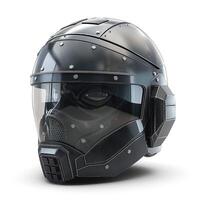 A sleek, futuristic black helmet with a shiny visor and metallic studs, embodying strength and protection. photo