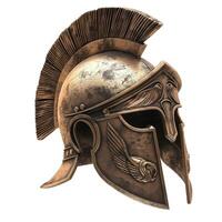 Close-up of a bronze gladiator helmet with intricate engravings and a dramatic crest, evoking the spirit of ancient battles. photo