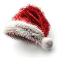 A festive red Santa hat with fluffy white trim, perfect for the holiday season. photo