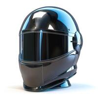 A sleek, futuristic motorcycle helmet with a polished chrome finish, giving an advanced and stylish look. photo