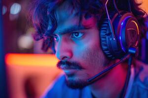 Focused South Asian male gamer immersed in a colorful gaming setup, wearing a headset with intense concentration. photo