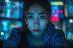A young Asian female gazes intently at the camera, illuminated by colorful screens in a dark environment. photo