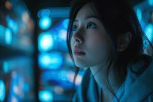 A young Asian woman gazes intently at futuristic screens, illuminated by soft blue light in a tech-inspired environment. photo
