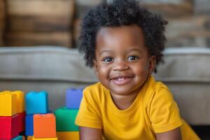 Cheerful Black boy with curly hair, happily playing with colorful building blocks, showcasing joy and creativity. photo