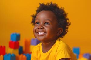 A joyful Black boy with curly hair smiles brightly against a vibrant yellow background, surrounded by colorful building blocks. photo