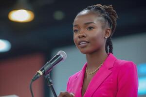 A young Black woman in a pink blazer speaks confidently at a public event, showcasing her passion and poise. photo