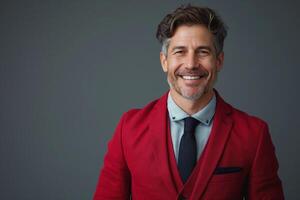 A smiling middle-aged Caucasian man in a red blazer and tie poses confidently against a gray background. photo