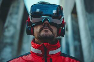 A male in a red jacket wearing advanced VR goggles, immersed in a virtual world, surrounded by urban architecture. photo