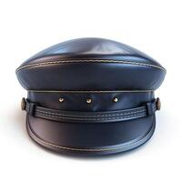 A detailed view of a classic military-style cap, showcasing its rich black leather texture and ornate stitching. photo