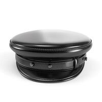 A stylish black leather hat with intricate stitching and a buckle detail, showcasing modern design elements. photo