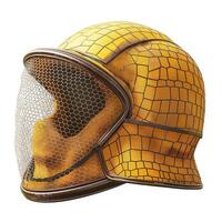 Intricate yellow helmet with a mesh design, showcasing a blend of futuristic and vintage elements. photo