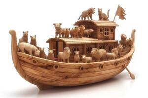 A whimsical wooden boat featuring intricately carved animal figures, showcasing a creative and playful design. photo