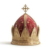 A luxurious gold crown with intricate designs and red fabric, symbolizing royalty and power. photo