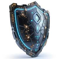 Futuristic shield design with glowing blue accents, showcasing intricate patterns and metallic textures. photo