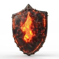 A striking black shield with a glowing, fiery emblem at its center, exuding power and strength. photo