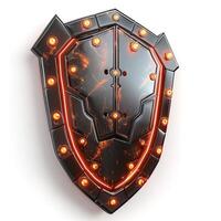 A striking black and orange futuristic shield with lights, symbolizing strength and protection. photo