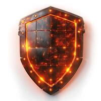 Glowing orange shield with a textured surface, symbolizing protection and strength. photo