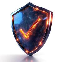 A vibrant blue shield with a glowing orange check mark representing security and trust. photo
