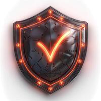 A stylized black shield featuring an illuminated orange check mark, symbolizing security and validation. photo