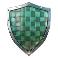 A sturdy, green-tinted shield with a metallic border, showcasing a unique pattern that blends elegance and protection. photo