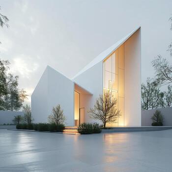 moderno arquitectónico obra maestra con un sorprendentes diseño, presentando agudo anglos y calentar Encendiendo en contra un sereno fondo. foto