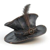 A vintage-style dark leather hat adorned with a feather, showcasing a unique mix of elegance and rugged charm. photo