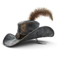 A vintage gray hat adorned with a decorative feather, showcasing a classic, adventurous style. photo