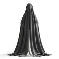 A mysterious cloaked figure shrouded in flowing black and white fabric, evoking intrigue and curiosity in a minimalist setting. photo